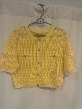 LK Bennett Yellow Wave-Knit Short Sleeve Cardigan